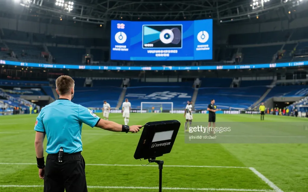 球场大屏显示VAR复核提示与裁判沟通场景，现代体育科技氛围